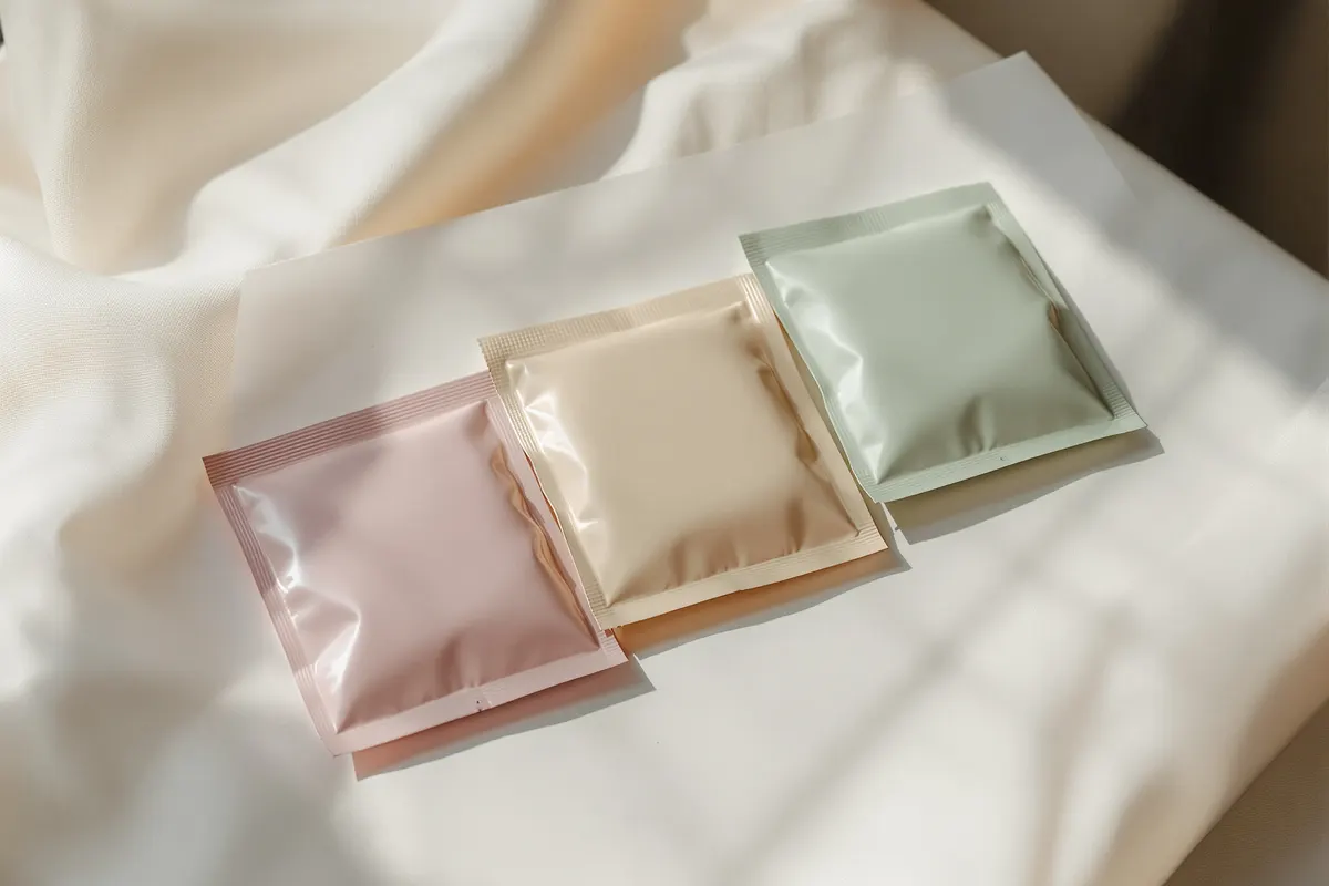 흰 종이 위에 나란히 놓인 파스텔색 무지 포장 세 개